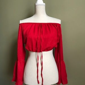 ❤️Bardot Fluted Sleeve Drawstring Crop Top❤️